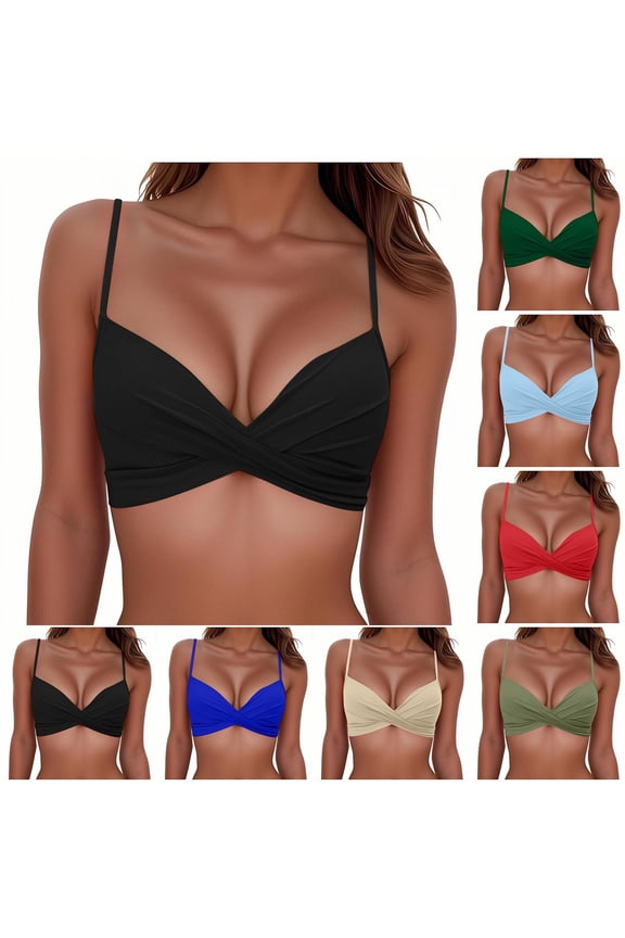 Womens Push Up Bikini Top Twist Front Underwire Molded Soft Pads Vintage Bikini Swimsuits Tops,Black,Size M