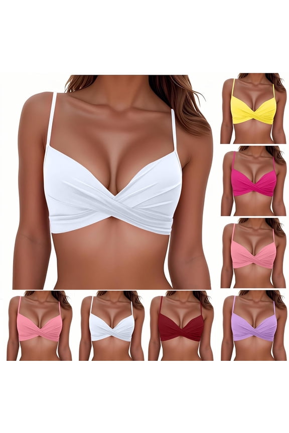 Womens Push Up Bikini Top Twist Front Underwire Molded Soft Pads Vintage Bikini Swimsuits Tops,White,Size L