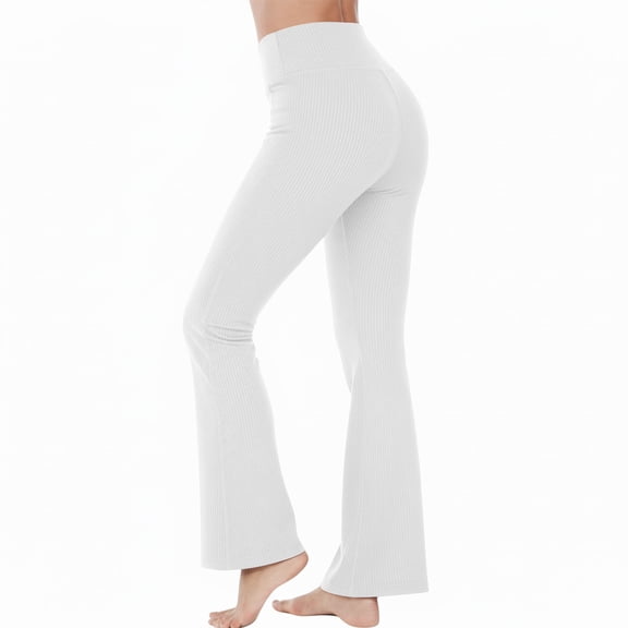 ZHYou Womens Ribbed Knit Flared Yoga Pants,Stretchy,Bootcut Comfort Fit Loungewear Tummy Control Trousers,White,Size 2XL