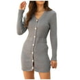 thumbnail image 1 of ZHYou Womens Ribbed Knit Mini Dresses Long Sleeve V-Neck Button Front Bodycon Dresses,Gray,S, 1 of 7