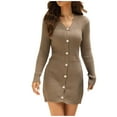 thumbnail image 1 of ZHYou Womens Ribbed Knit Mini Dresses Long Sleeve V-Neck Button Front Bodycon Dresses,Khaki,M, 1 of 9