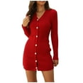 thumbnail image 1 of ZHYou Womens Ribbed Knit Mini Dresses Long Sleeve V-Neck Button Front Bodycon Dresses,Red,S, 1 of 9