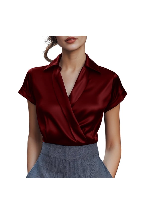 Womens Satin V-Neck Wrap Blouses Short Sleeve Formal Pullover Tunic Tops for Business Party Wear,Wine,Size 2XL