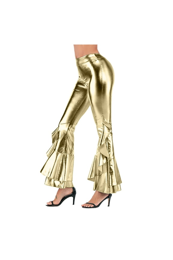 Womens Shinny Metallic Sequins High Waist Stretchy Bell Bottom Flared Pants, Wet Look Pants Club Wear,Size: S,M,L,XL,2XL,3XL