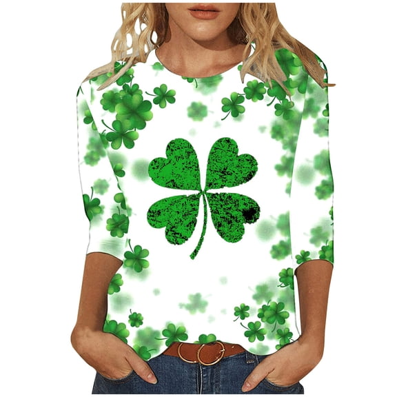 ZHYou Womens Shirts Valentine's Day V-Neck St. Patrick's Day Printed 3/4 Sleeve Loose Fit Casual Soft Spring Summer Shirts,Black,Pink,White,Wine,Gray,S,M,L,XL,2XL ,Green,L