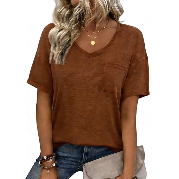 ZHYou Womens Short Sleeve T Shirts Lightweight V-Neck Shirts Cute Loose Fit Summer Casual Tee Tops with Pockets Brown L