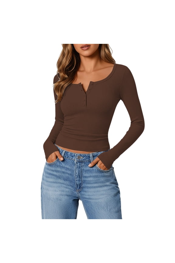 Womens Slim Fit Henley Long Sleeve Shirt Ribbed Knit Button Front Crop Top, Stretchy Basic Tees,Sizes:S,M,L,XL,2XL