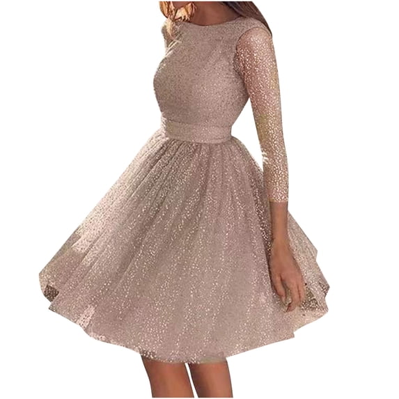 ZHYou Womens Sparkly Cocktail Dresses 3/4 Sleeve Round Neck Tulle Overlay Party Elegant Dresses,Beige,S