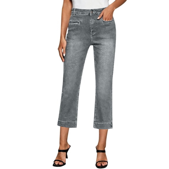 ZHYou Womens Straight Leg Capris Jeans Slim Fit High Waisted Pull On Stretchy Button Up Denim Capri Pants for Women Gray 3XL