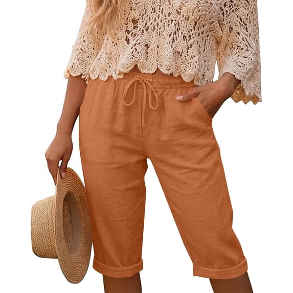 ZHYou Womens Straight Leg Capris Pants Lightweight Elastic Waist Drawstring Casual Cropped Trousers with Pockets Orange S