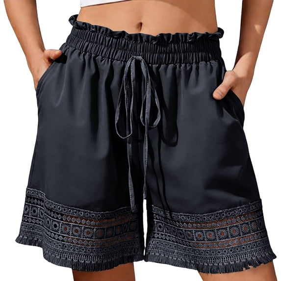 ZHYou Womens Stretch Shorts Elastic High Waist Casual Ladies Drawstring Lace Baggy Summer Beach Shorts,Dark Gray,Size M