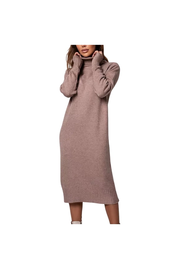 Womens Sweater Dresses Turtleneck Knit Long Sleeve Midi Length Ribbed Trim Overized Fit Dresses,Khaki,M