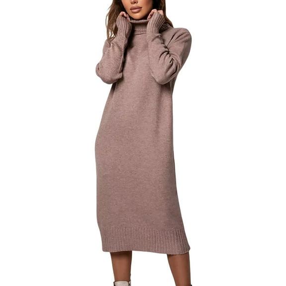 ZHYou Womens Sweater Dresses Turtleneck Knit Long Sleeve Midi Length Ribbed Trim Overized Fit Dresses,Khaki,M