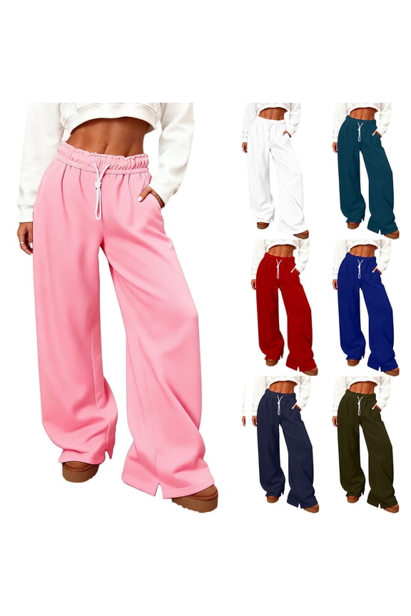 Womens Sweatpants Baggy Fit Foldover Waistband Drawstring Size Slit Wide Leg Sweat Pants with Pockets,Pink,Size L