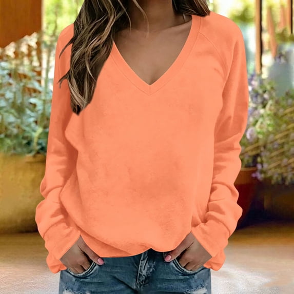 ZHYou Womens Sweatshirts V Neck Raglan Long Sleeve Loose Fit Soft Casual Pullover Tops for Daily Wear,Orange,Size XL