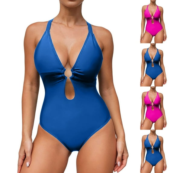 ZHYou Womens Swimsuits Deep V Neck O Ring Cut Out Monokini Bikini,One Piece Tummy Control Swimwear Bathing Suits,Blue,S