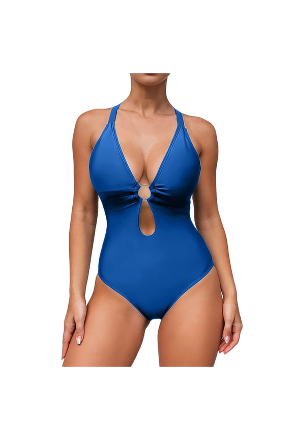 Womens Swimsuits Deep V Neck O Ring Cut Out Monokini Bikini,One Piece Tummy Control Swimwear Bathing Suits,Blue,XL