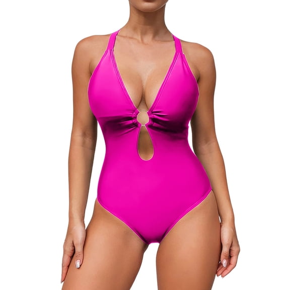 ZHYou Womens Swimsuits Deep V Neck O Ring Cut Out Monokini Bikini,One Piece Tummy Control Swimwear Bathing Suits,Hot Pink,XL