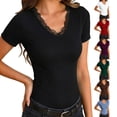 thumbnail image 1 of ZHYou Womens T Shirts Short Sleeve Ribbed Lace V Neck Casual Tops Slim Fitted Shirts Basic Tees,Black,S-2XL, 1 of 8