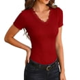 thumbnail image 1 of ZHYou Womens T Shirts Short Sleeve Ribbed Lace V Neck Casual Tops Slim Fitted Shirts Basic Tees,Red,L, 1 of 8