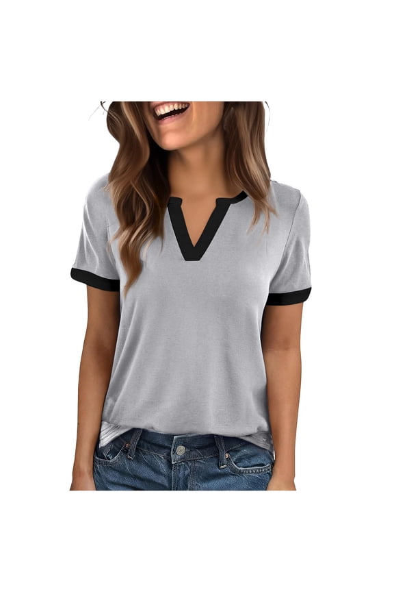 Womens T Shirts,Short Sleeve,V Neck Color Block Casual Workout Soft Lightweight Tunic Tops,Gray,M