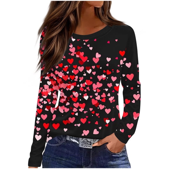 ZHYou Womens T-Shirts Valentine's Day Casual Soft V-Neck Valentine's Day Printed Long Sleeve Loose Fit Spring Summer Tops,Black,M