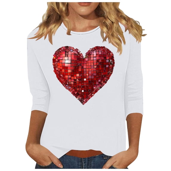 ZHYou Womens T-Shirts Valentine's Day V-Neck Valentine's Day Printed 3/4 Sleeve Loose Fit Casual Soft Spring Summer Shirts,White,L