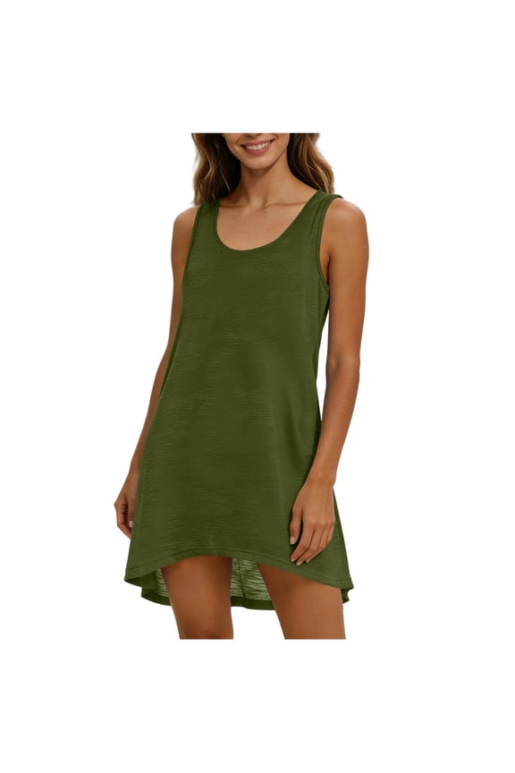 Womens Tank Dresses Racerback Sleeveless Round Neck Cute Flowy Lightweight Cute Casual Pull On Dresses for Women Army Green 2XL