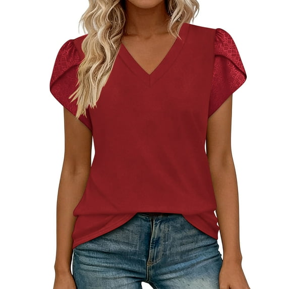 ZHYou Womens Tops,Dressy Casual Petal Sleeve Short Sleeve V Neck Shirts Work Business Vacation T Shirts,Red,S