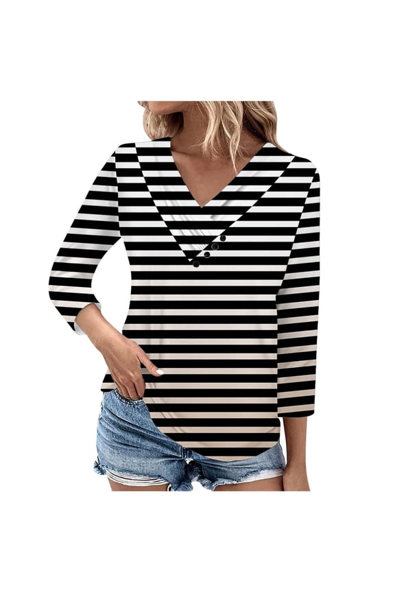 Womens Tops Long Sleeve Black White Stripes Stylish Loose Fit V-Neck Button T-Shirt Tops