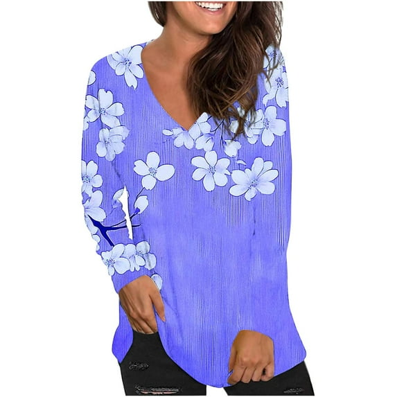 ZHYou Womens Tops Long Sleeve Fashion Floral Printed Multi Color And Size Casual V-Neck Loose T-shirt