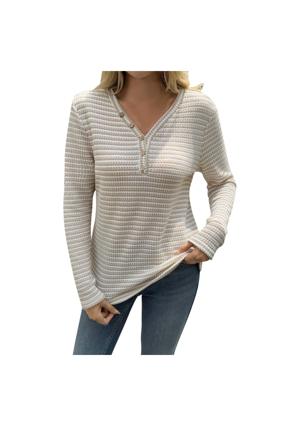 Womens Tops Striped Henley Long Sleeve V-Neck Button Knit Soft Waffle Knit Shirts Fall Winter Piece,Sizes:S,M,L,XL,2XL