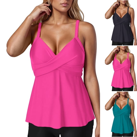 ZHYou Womens Tummy Control V Neck Swimsuits Tankini Ruched Wrap Push Up Bathing Suit Tops,Hot Pink,Size L