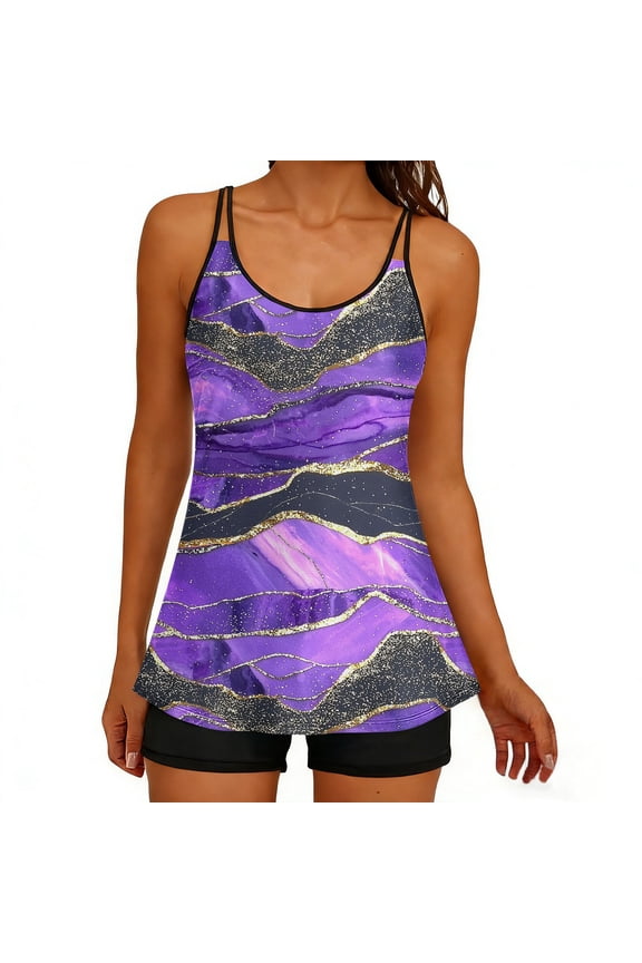 Womens Two Piece Tankini Swimsuits Plus Size Printed Tummy Control Push Up Long Torso Top and High Waisted Boyshorts Bathing Suits ,Black,Size 2XL