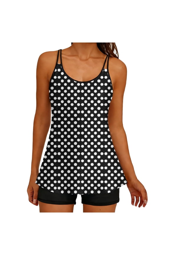Womens Two Piece Tankini Swimsuits Plus Size Printed Tummy Control Push Up Long Torso Top and High Waisted Boyshorts Bathing Suits ,Black,Size XL