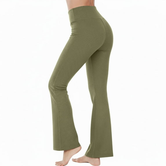 ZHYou Womens Yoga Pants,Ribbed Knit,Tummy Control,Flared,Stretchy,Bootcut Comfort Fit Loungewear Trousers,Army Green,Size M