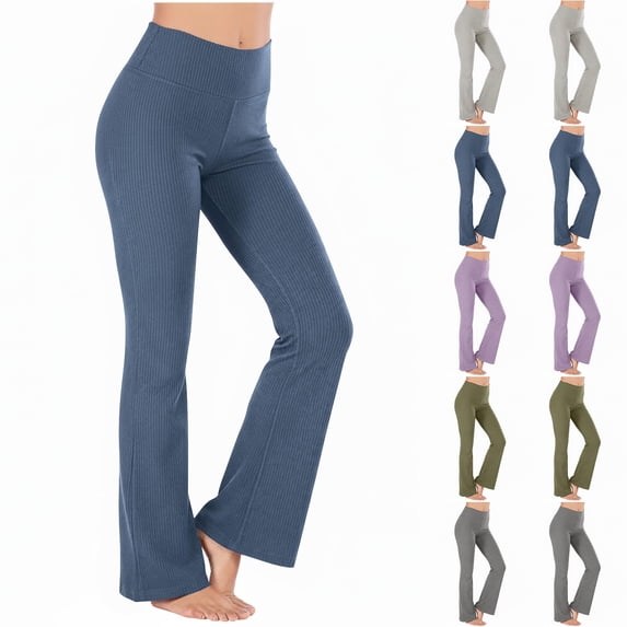 ZHYou Womens Yoga Pants,Ribbed Knit,Tummy Control,Flared,Stretchy,Bootcut Comfort Fit Loungewear Trousers,Navy,Size S