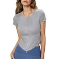 thumbnail image 1 of ZHYou Womens Zip Up Short Sleeve Tops,Active Slim Fit Stretchy Knit Ribbed Tees Round Neck Sport T-Shirts,Gray,S, 1 of 4