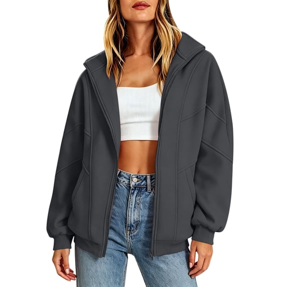 ZHYou Zip Up Sweatshirts for Women Casual Multi Panel Seam Drop Shoulder Loose Drawstring Hooded Coats with Pockets,Dark Gray,Size XL