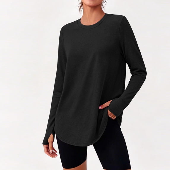 ZHYouNo Boundaries Round Neck Tops for Women Casual Long Sleeve Pullover Oversized Flowy Solid Tee Shirts,Black,Size L