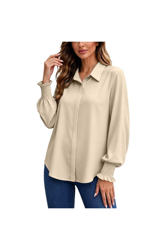 No Boundaries Women's Collared Button Down Blouses Puff Long Sleeve Smocked Ruffle Cuff Office Casual Shirts,Beige,Size M