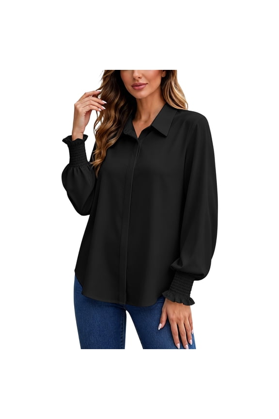 No Boundaries Women's Collared Button Down Blouses Puff Long Sleeve Smocked Ruffle Cuff Office Casual Shirts,Black,Size L