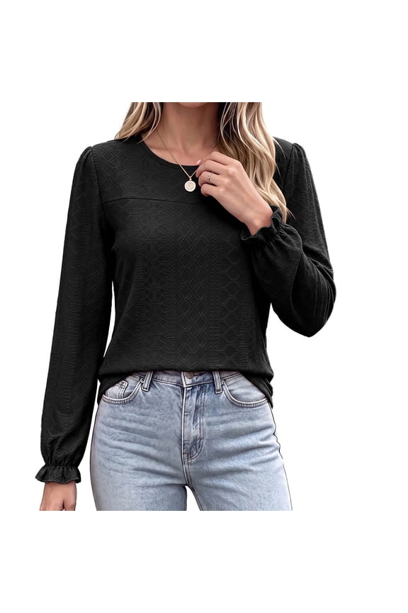 No Boundaries Women's Crew Neck Embossed Textured Blouses,Puff Long Sleeve Ruffle Cuff Casual Lightweight Fashion Tops,Black,Size L