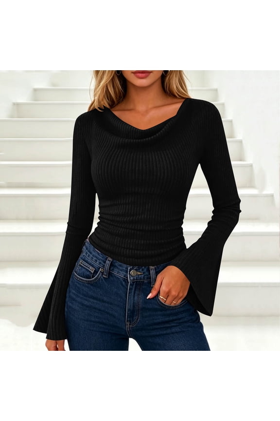 No Boundaries Womens Ribbed Knitted Tops Flare Long Sleeves Ruched V-Neck Slim Fit Pullover Flowy Blouses,Black,Size M
