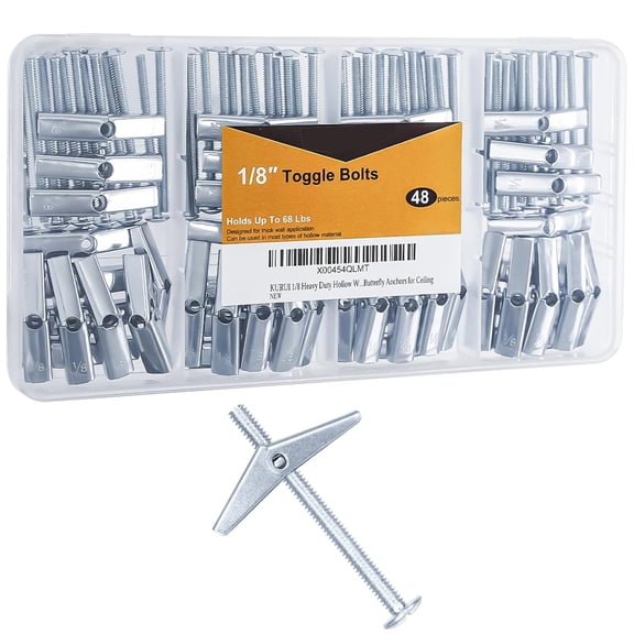 ZHZFKQ 1/8 Toggle Bolts for Drywall, 48 Pcs Heavy Duty Metal Drywall Anchors Kit, Dry Wall Anchors and Screws Kit, Butterfly Anchors for Ceiling, Sheetrock, Hollow Wall