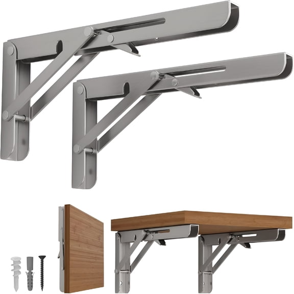 ZHZFKQ 10 Inch Folding Shelf Brackets-2 Pack Foldable Heavy Duty Triangle Collapsible Wall Mounted Brackets for Fold Down Table,Space Saving for Bench Table with Screws,Stainless Steel