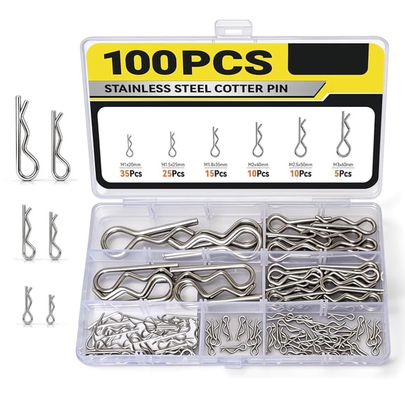 ZHZFKQ 100 Pcs Cotter Pins Assortment Kit, 304 Stainless Steel R Clips | 6 Sizes Hardware Pins, Split Pin Set for Trailer Locking, Trucks, Mechanic, Pin Lock Systems
