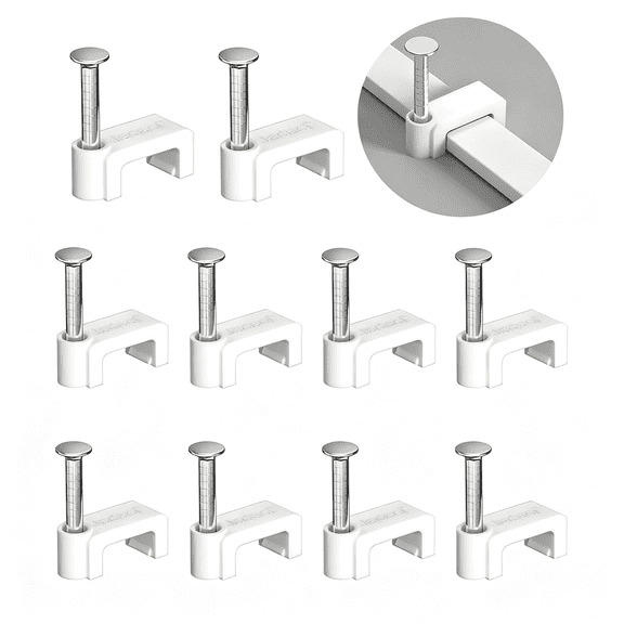 ZHZFKQ 100Pcs 7.5Mm Cable Clips with Nails, Custom Fit for Cat6 Flat Ethernet Cable, Wall Wire Tacks for Rj45 Lan, Coax, Speaker, and Network Cables - Secure Cable Wall Clip