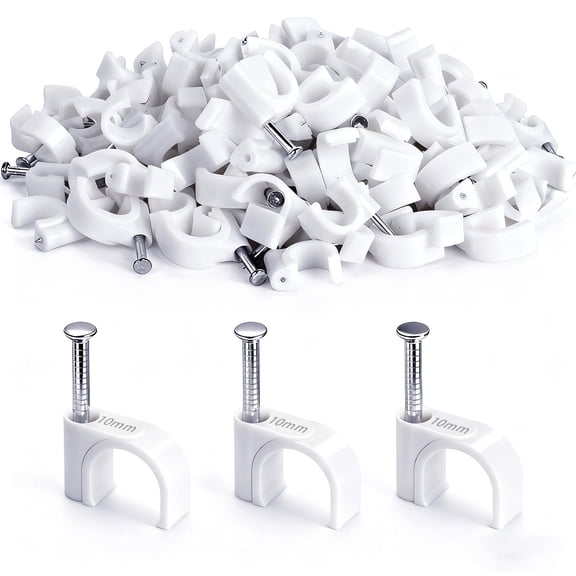 ZHZFKQ 100Pcs Cable Staples,10Mm Cable Clips White,Cable Wire Clips Nail in Clips for Round Ethernet Cables Wall Clips Cable Tacks Electrical Wire Tv Cable Speaker Wire Coax Clips (100Pcs 10Mm)