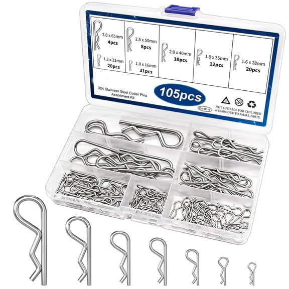 ZHZFKQ 105Pcs Cotter Pin Assortment Kit - 304 Stainless Steel 7 Sizes R Clips Cotter Pins for Automotive, Trailer, Hitch Pin Lock System R Clip Assortment Kit Cotter Pins of Metal